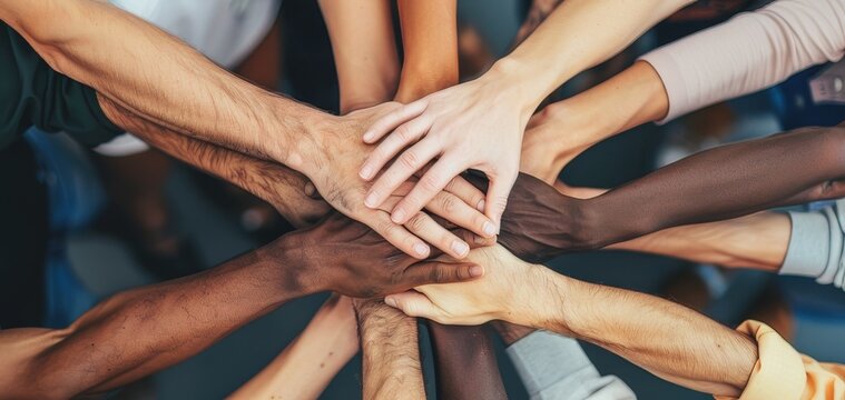 A group of diverse people standing in a circle, their hands clasped together in a gesture of unity and solidarity