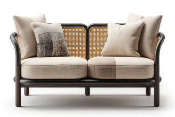Elegant modern twoseater sofa with a wooden frame and cream fabric cushions