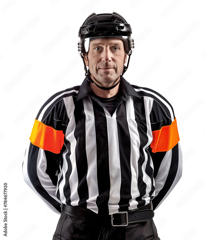 Wall mural ice hockey official referee in black and white stripes with orange armband