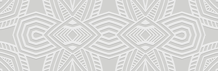 Banner. Relief geometric abstract 3D pattern on a white background. Ornamental cover design, handmade, abstract zentangle. Boho exoticism of the East, Asia, India, Mexico, Aztec, Peru.