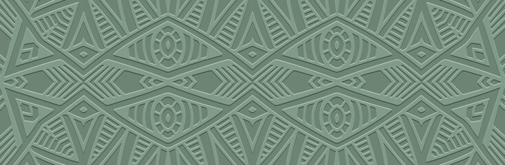 Banner. Relief geometric 3D pattern on a pastel green background. Ornamental cover design, handmade, abstract zentangle. Boho exoticism of the East, Asia, India, Mexico, Aztec, Peru.