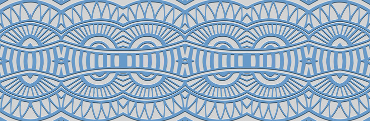 Banner. Relief geometric artistic blue 3D pattern on a white background. Ornamental cover design, handmade, abstract zentangle. Boho exoticism of the East, Asia, India, Mexico, Aztec, Peru.