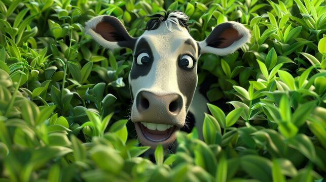 Funny and happy smiling cow in a frame of lush green grass generative ai