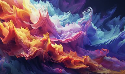 Illustrate a mesmerizing abstract landscape using digital photorealistic techniques, focusing on fluid transitions of colors and shapes - obrazy, fototapety, plakaty