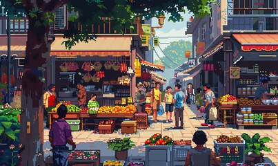 Illustrate a pixel art scene of a crowded marketplace, showcasing a diverse group of individuals interacting, from vendors selling goods to customers bargaining enthusiastically
