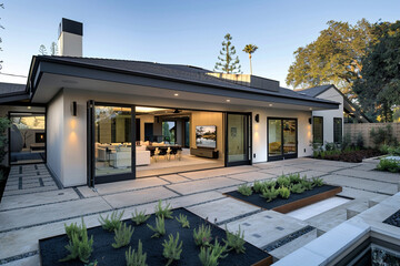 A Craftsman home with a modern twist, featuring a flat roof, large sliding doors, and a minimalist...