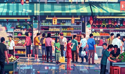 Illustrate a pixel art scene of a crowded marketplace, showcasing a diverse group of individuals interacting, from vendors selling goods to customers bargaining enthusiastically