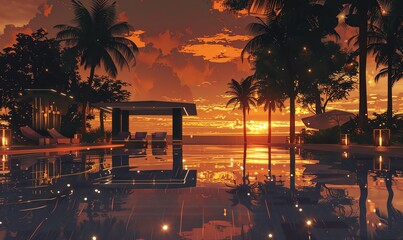 Illustrate a serene pixel art depiction of a tranquil poolside setting at sunset, with warm hues reflecting on the water, pixelated palm trees, and a hint of luxury in the form of subtle shimmering li