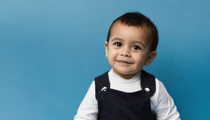 baby smiling and looking up to camera on a blue background