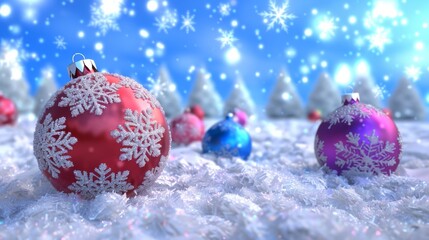 Christmas Baubles on Solid tone Surface. A panoramic image showcasing shiny baubles in vibrant colored tones reflecting a wintry setting placed on a solid surface, creating a cozy holiday scene