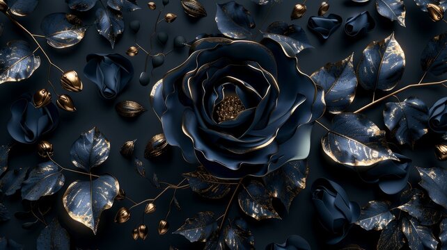 Stunning blue rose with golden highlights - This image features a beautifully detailed blue rose with golden leaves against a dark background, emblematic of luxury and elegance