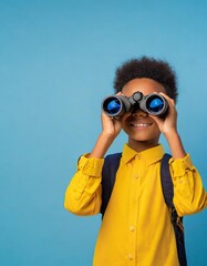 Boy in yellow shirt with binoculars looking on blue background 