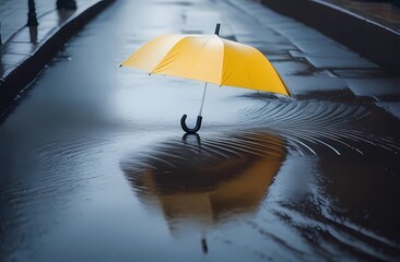 The umbrella is lying in a puddle in the rain.