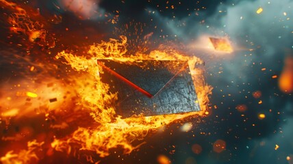 Burning envelope amidst blazing particles - An envelope engulfed in vivid flames surrounded by a shower of hot sparks and particles - obrazy, fototapety, plakaty