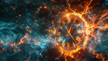 Elegant timepiece amidst vibrant electric surge - An impressive clock surrounded by vivid electric-like effects that capture the electric nature of time’s passage