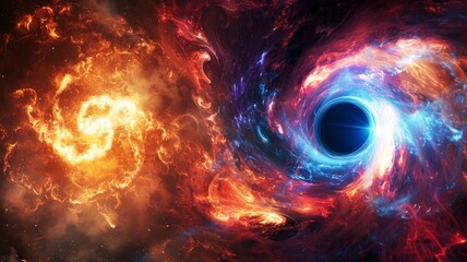 Vivid Black Hole and Celestial Flames in Space - An intense portrait of a black hole surrounded by celestial flames depicting a scene of cosmic destruction and creation - obrazy, fototapety, plakaty