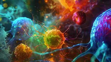 Vivid Artistic Illustration of Natural Killer Cell Function: The Fight Against Cancer - obrazy, fototapety, plakaty