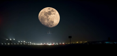 Plane landing at night with a full moon