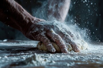 Baker's hands kneading dough with flour dust