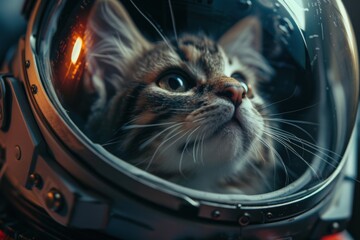 Ultra-realistic portrayal of a cat in astronaut attire and a space helmet, embodying curiosity and a love for adventure