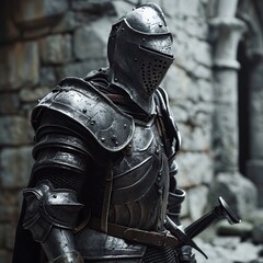 Fototapeta premium Medieval knight in armor on the background of the ruins of the castle