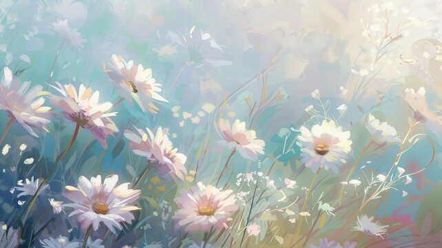 Dreamlike painting of flowers in soft light - Softly illuminated ethereal flowers in a dreamlike painting, evoking tranquility and a sense of delicate beauty