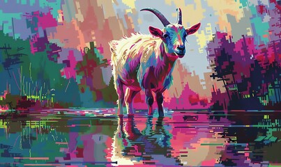 Illustrate a whimsical rear view goat with playful, exaggerated features using digital pixel art techniques Infuse the scene with vibrant colors and a sense of movement for a fun and dynamic compositi