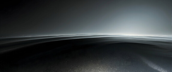 An expansive dark landscape under a night sky, with a distant glowing horizon line suggesting mystery