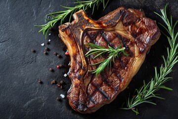 A succulent piece of steak is skillfully adorned with an assortment of aromatic herbs, A top view of a magnificently grilled T-bone steak garnished with rosemary, AI Generated