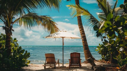 Chairs and an umbrella relax under the palm trees. The scenery speaks of a tropical holiday.
