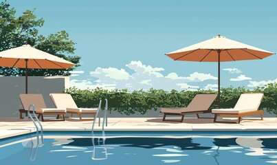 Fototapeta premium Illustrate the elegant simplicity of lounging chairs and umbrellas by a pool using a minimalist vector art style, focusing on clean lines and bold colors