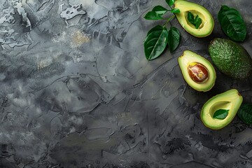 Avocado and avocado oil on a stone background. background. View from above. place for text. generative ai