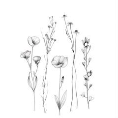 Wildflowers in a minimalist tattoo design with a white backdrop and various perspectives in the vein of various artists.