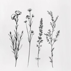 Wildflowers in a minimalist tattoo design with a white backdrop and various perspectives in the vein of various artists. - obrazy, fototapety, plakaty