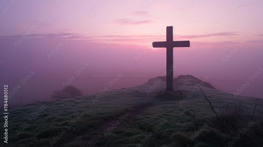 Wall mural easter's cross on a hill, framed by the soft hues of dawn, inviting reflection and peace