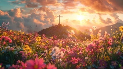Vibrant Easter morning scene with the cross on the hill, surrounded by blooming spring flowers - obrazy, fototapety, plakaty