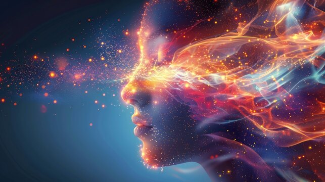 Digital art portrait depicting a woman's profile with vibrant cosmic energy flowing from her mind.
