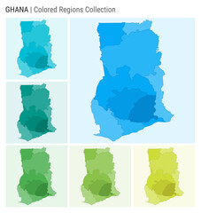 Ghana map collection. Country shape with colored regions. Light Blue, Cyan, Teal, Green, Light Green, Lime color palettes. Border of Ghana with provinces for your infographic. Vector illustration.