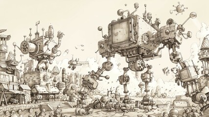 Produce a detailed pen and ink drawing of autonomous robots in a whimsical, steampunk-inspired setting Show a charming scene of robots performing tasks with intricate gears and whimsical contraptions.