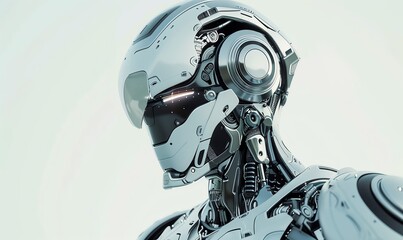 Produce a digital rendering of a sleek, futuristic robot in a clean, photorealistic style Showcase intricate details on its metallic body, emphasizing advanced technology