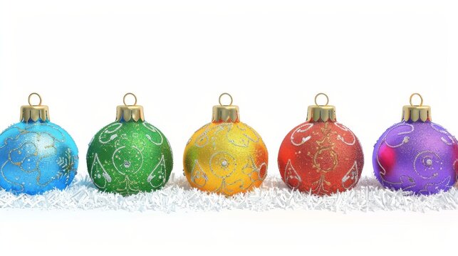 Christmas Bauble, Baubles on Solid tone Surface. A panoramic image showcasing baubles in vibrant colored tones reflecting a wintry setting placed on a solid surface, creating a cozy holiday scene