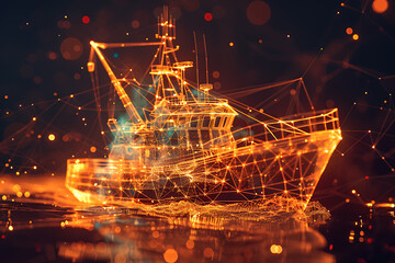 Intricate wireframe-based visualization of a glowing translucent background depicting a fishing boat, combining modern technology and traditional design for a captivating blend of aesthetics and digit