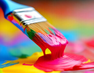 Fototapeta premium Vibrant Paintbrush Close-Up on Colorful Background. Generative AI