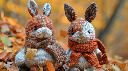  In a tranquil woodland clearing, two enchanting Easter bunnies made from delicate thread stand tall amidst a carpet of wildflowers. 