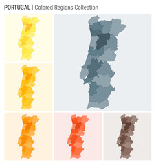 Portugal map collection. Country shape with colored regions. Blue Grey, Yellow, Amber, Orange, Deep Orange, Brown color palettes. Border of Portugal with provinces for your infographic.