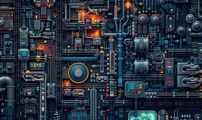 Transform the concept of Industrial Automation into a mesmerizing pixel art scene, blending intricate machinery with a retro aesthetic Enhance the aerial view with a creative use of colors and pattern