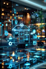 Fototapeta premium A holographic visualization of an entire smart home, with various devices connected to the network and glowing digital symbols representing different living spaces within it 