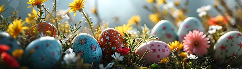 Obraz na płótnie Canvas Painted Eggs in Flower Field 