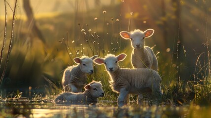 Lambs in golden-hour grassland - Three young lambs captured in a serene, ethereal grassland during golden hour, symbolizing innocence and tranquility - obrazy, fototapety, plakaty