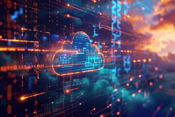 The illustration includes elements of social media, AI, online servers, and binary code, against a modern futuristic backdrop. 